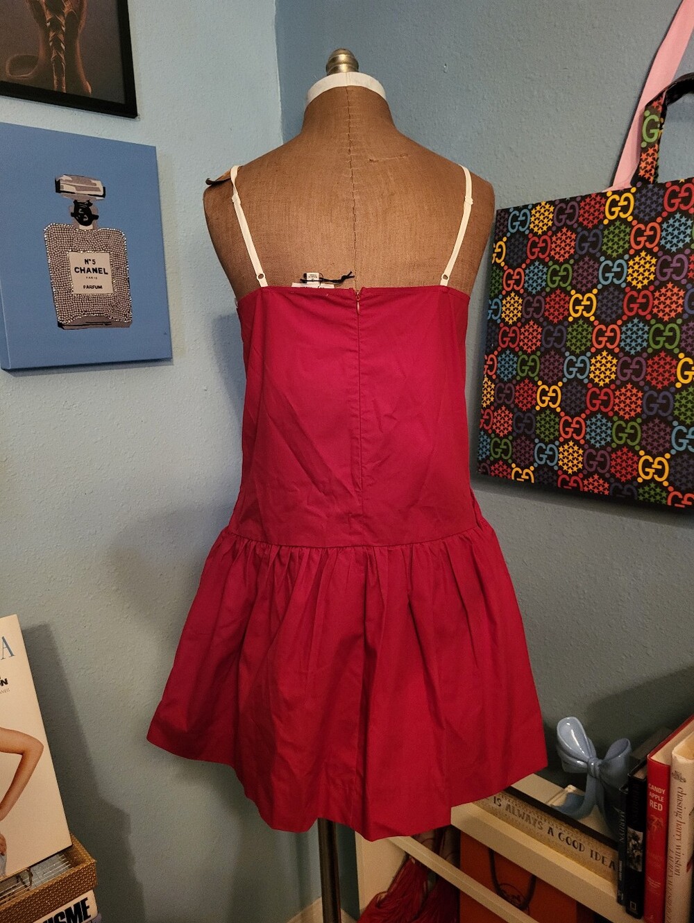 Day+Moon Simone Contrast Stitch Drop Waist Dress in Crimson - Picture 3 of 11